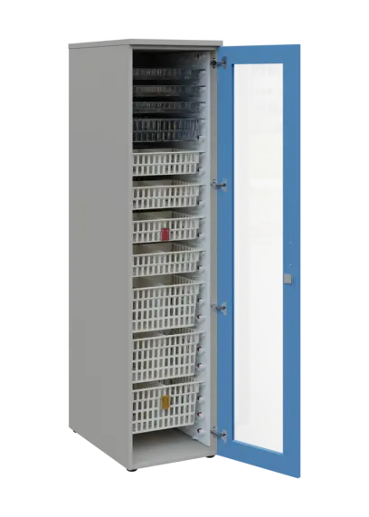 EUROMEDICA S - 46 skříň léková boxová, 1-dveřová/prosklená, pravá, 1950x460x735, korpus šedý, dvířka pastelově modrá